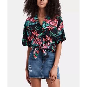Levi’s Women’s Tropical Floral Tie-Front Shirt Black Pink Green Size L